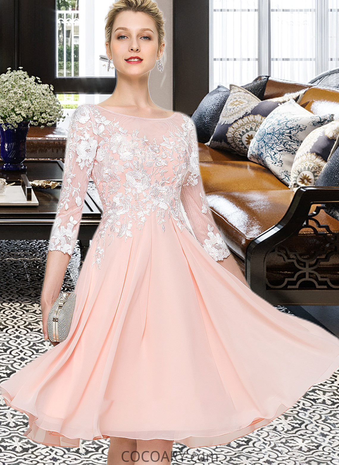 Kaylie Scoop Neck Knee-Length Chiffon Wedding Dress DA8P0013805