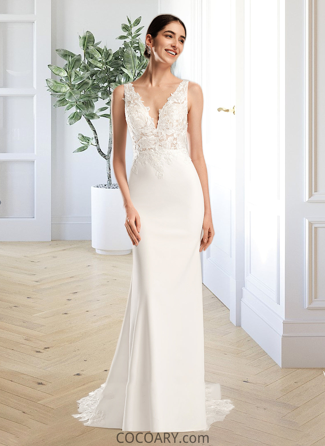 Irene Sheath/Column V-neck Court Train Wedding Dress With Sequins DA8P0013807