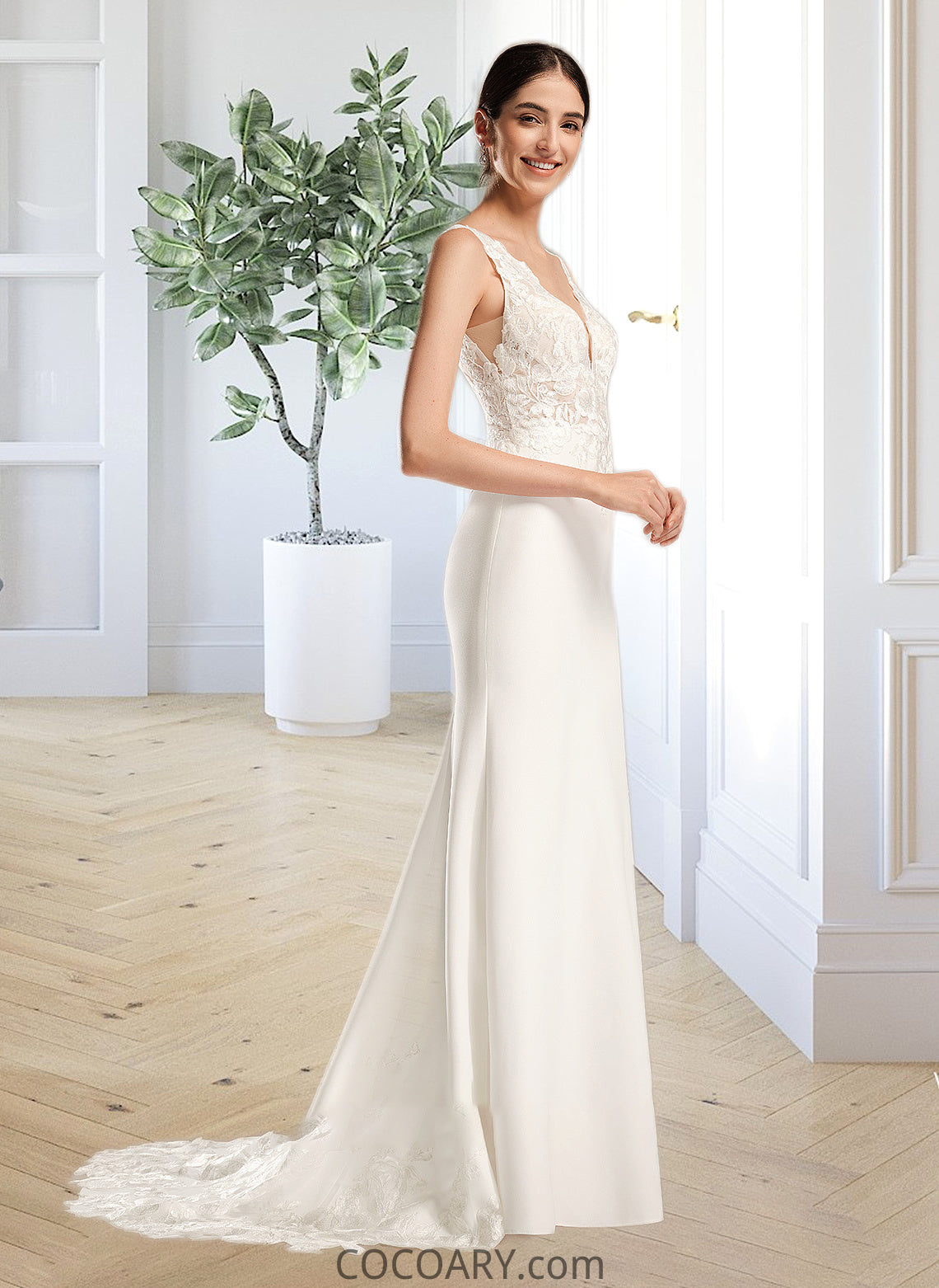 Irene Sheath/Column V-neck Court Train Wedding Dress With Sequins DA8P0013807