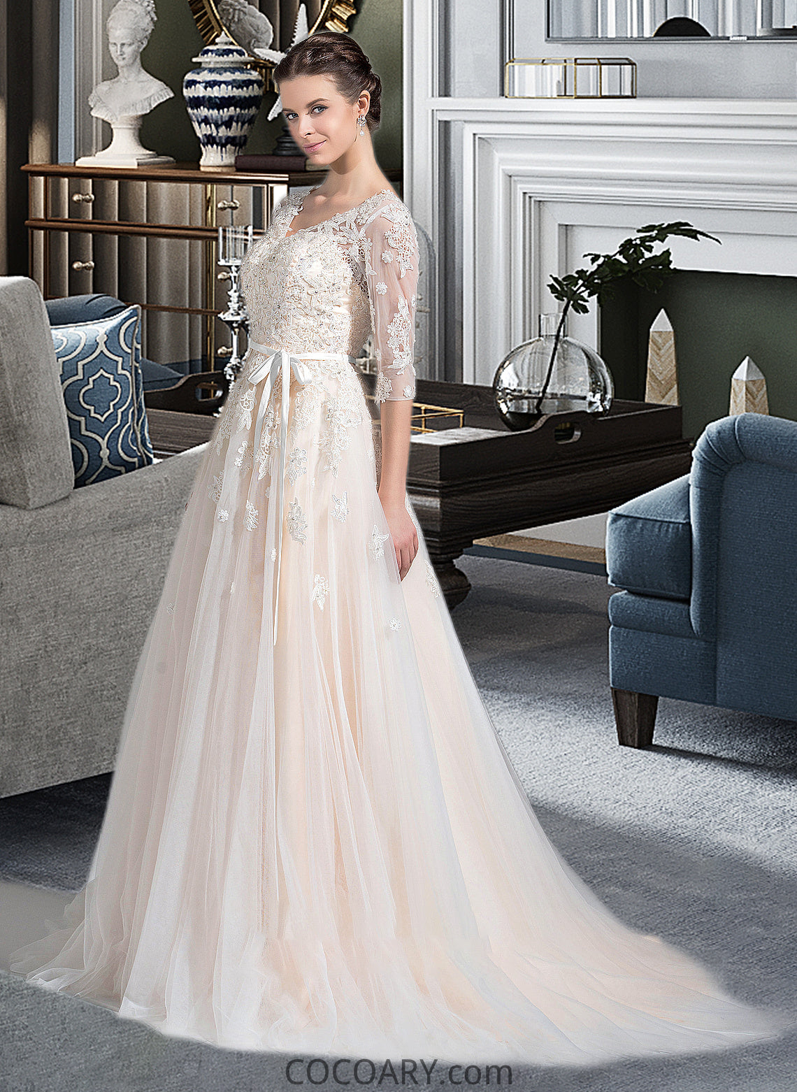 Mackenzie Ball-Gown/Princess V-neck Court Train Tulle Wedding Dress With Beading Appliques Lace Sequins Bow(s) DA8P0013809