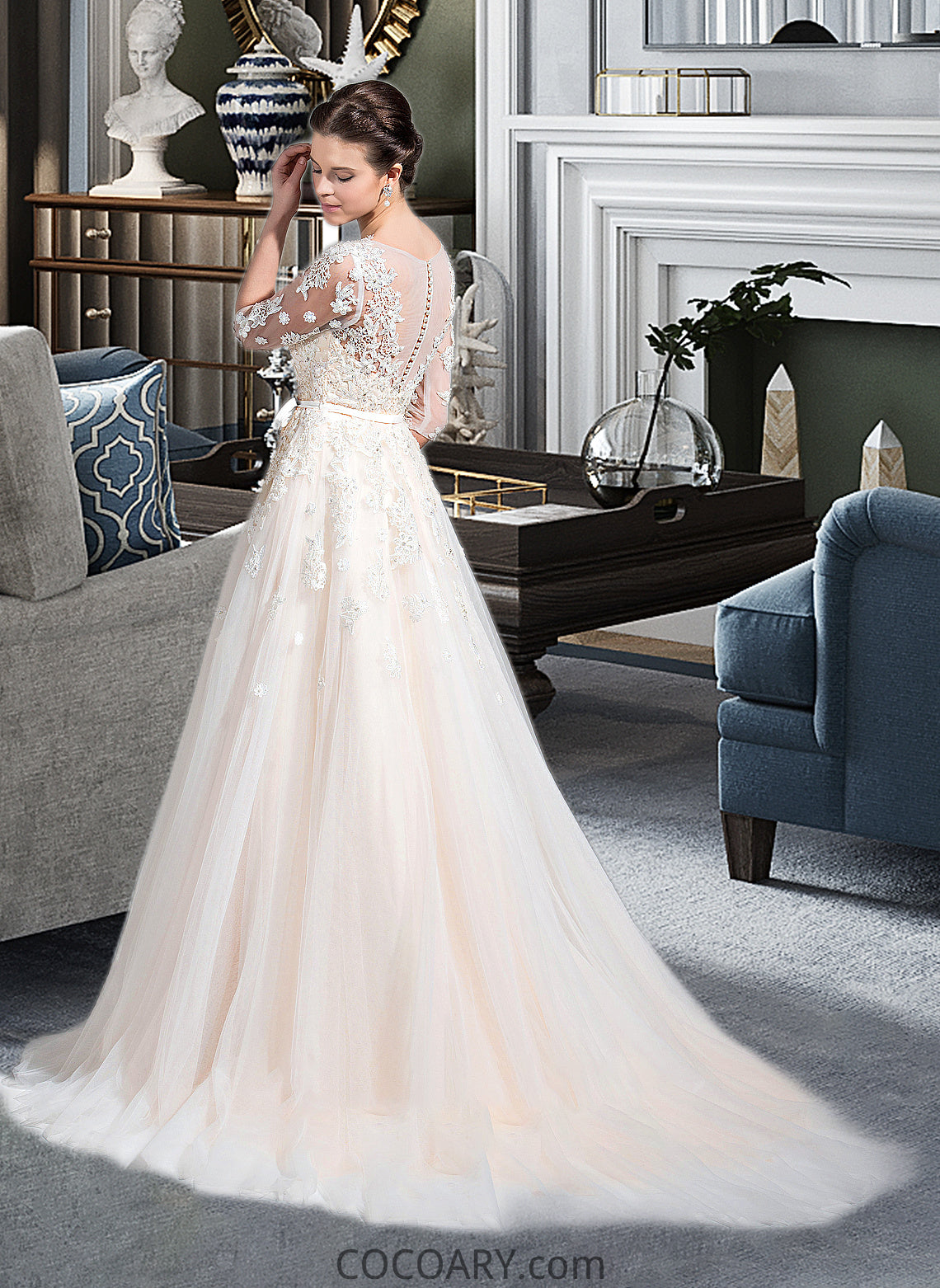 Mackenzie Ball-Gown/Princess V-neck Court Train Tulle Wedding Dress With Beading Appliques Lace Sequins Bow(s) DA8P0013809