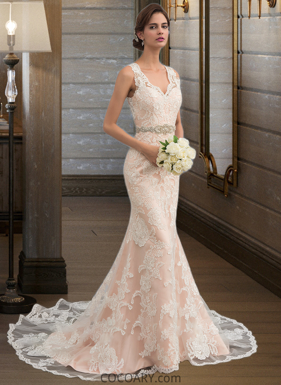 Isis Trumpet/Mermaid V-neck Chapel Train Tulle Lace Wedding Dress With Beading DA8P0013810