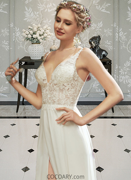 Rubi A-Line V-neck Floor-Length Wedding Dress With Lace Split Front DA8P0013815