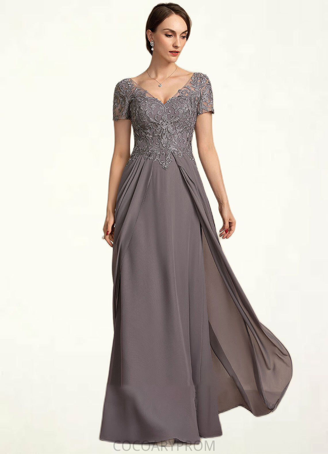 Paulina A-line V-Neck Floor-Length Chiffon Lace Mother of the Bride Dress DA8126P0014532