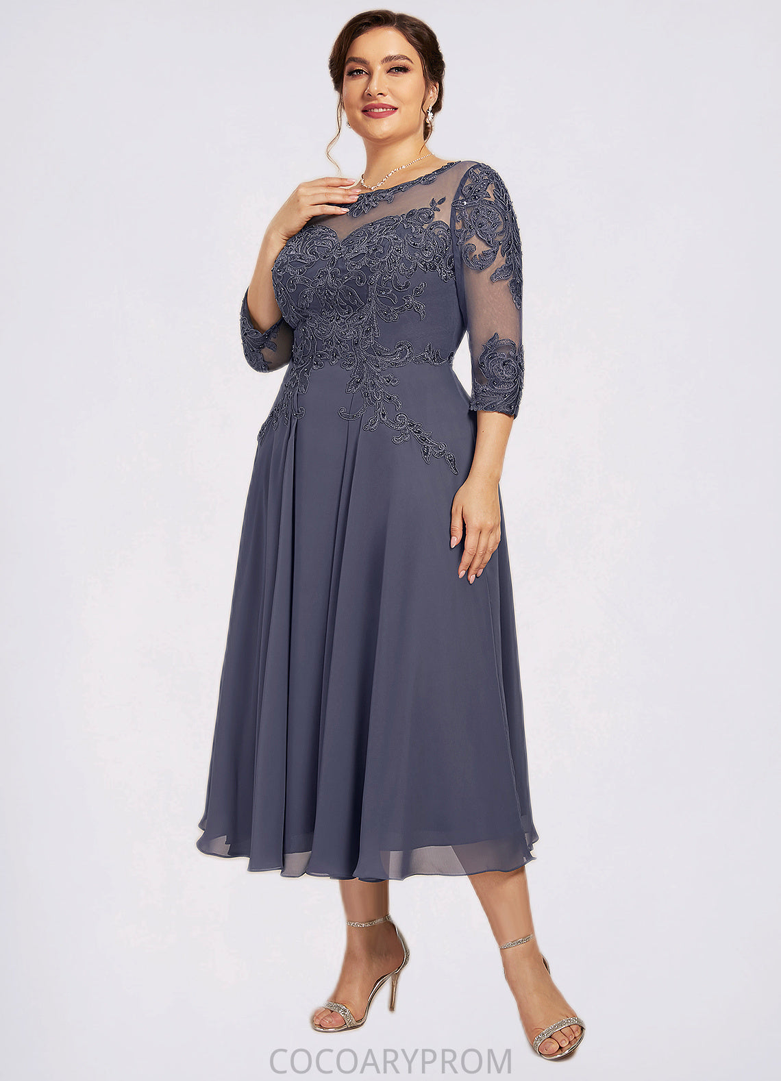 Paloma A-Line Scoop Neck Tea-Length Chiffon Lace Mother of the Bride Dress With Beading Sequins DA8126P0014535