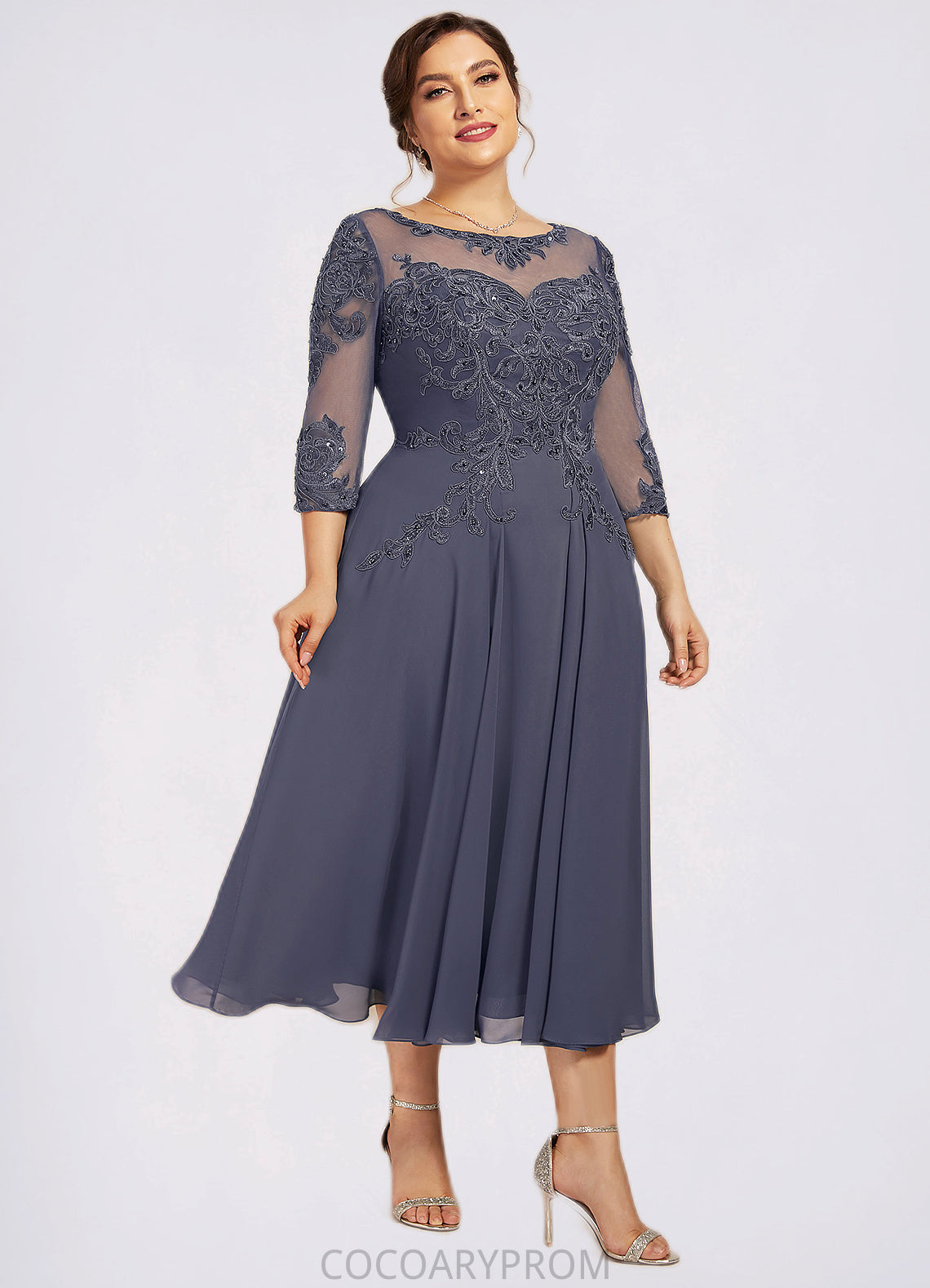 Paloma A-Line Scoop Neck Tea-Length Chiffon Lace Mother of the Bride Dress With Beading Sequins DA8126P0014535