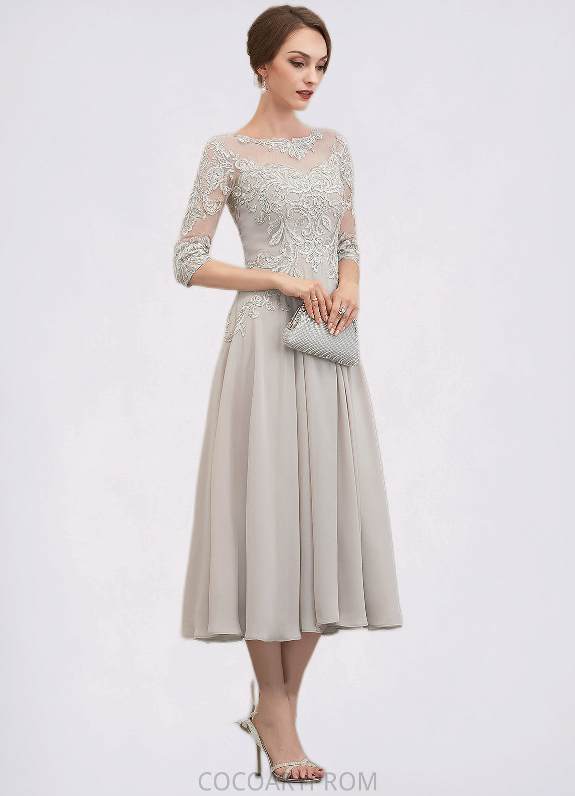 Paloma A-Line Scoop Neck Tea-Length Chiffon Lace Mother of the Bride Dress With Beading Sequins DA8126P0014535