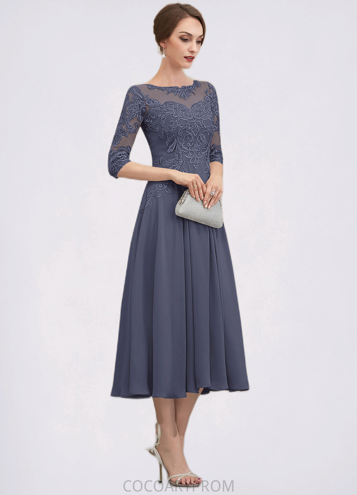 Paloma A-Line Scoop Neck Tea-Length Chiffon Lace Mother of the Bride Dress With Beading Sequins DA8126P0014535