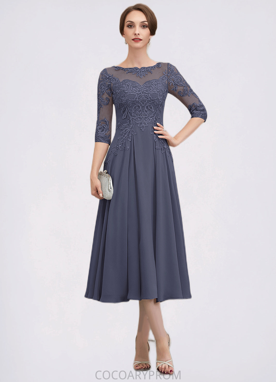 Paloma A-Line Scoop Neck Tea-Length Chiffon Lace Mother of the Bride Dress With Beading Sequins DA8126P0014535