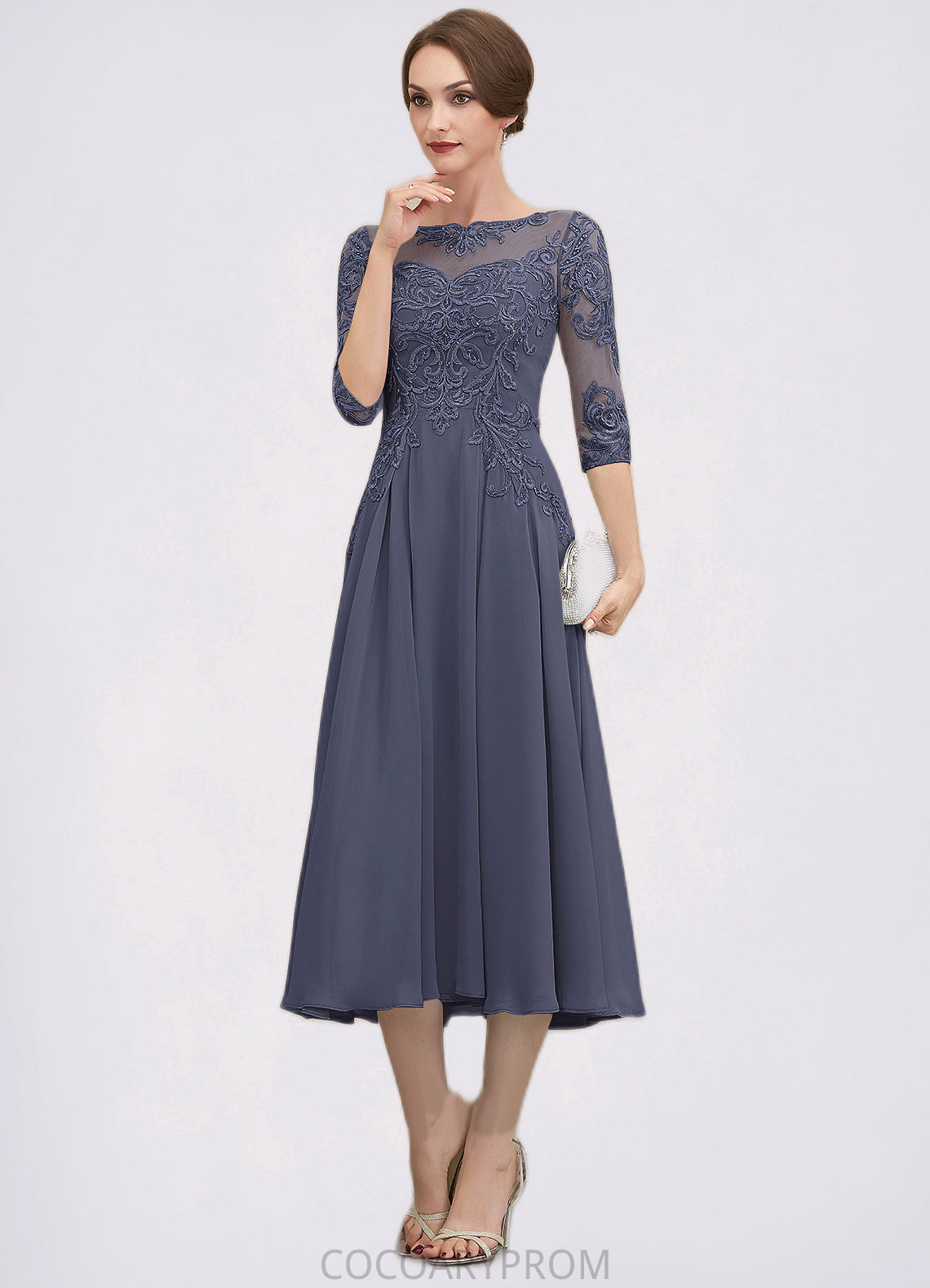 Paloma A-Line Scoop Neck Tea-Length Chiffon Lace Mother of the Bride Dress With Beading Sequins DA8126P0014535