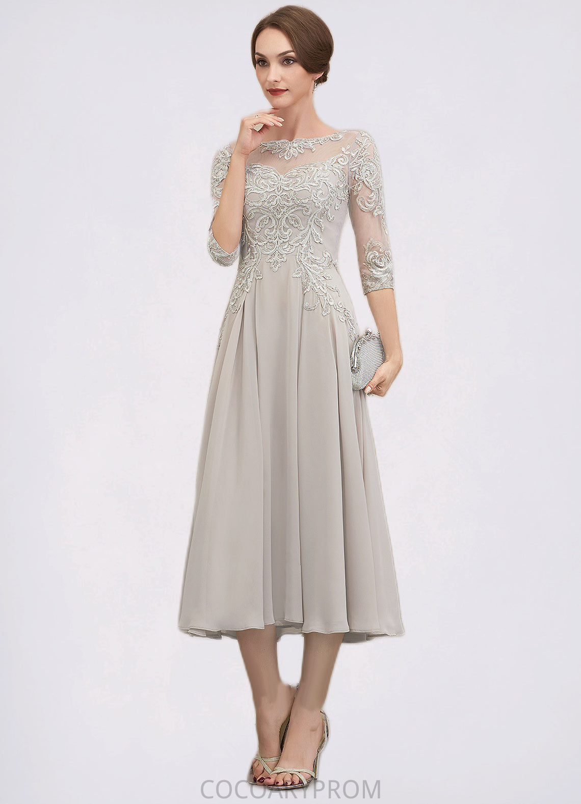 Paloma A-Line Scoop Neck Tea-Length Chiffon Lace Mother of the Bride Dress With Beading Sequins DA8126P0014535