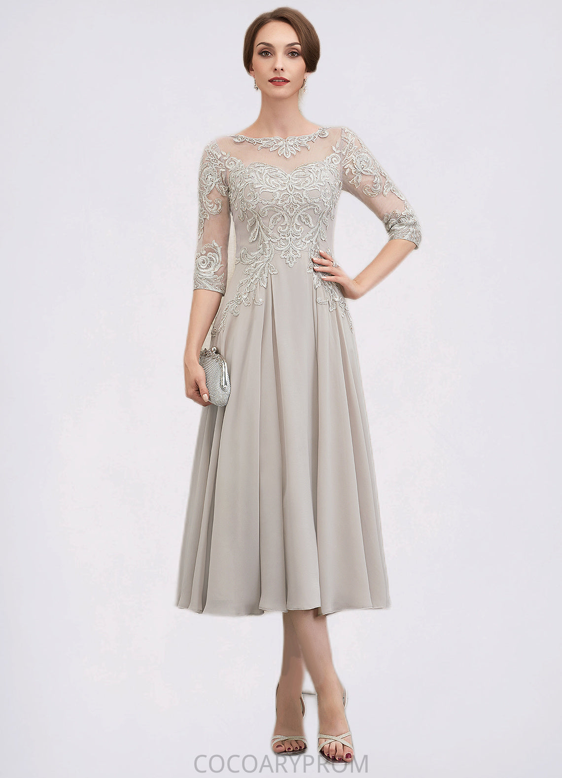 Paloma A-Line Scoop Neck Tea-Length Chiffon Lace Mother of the Bride Dress With Beading Sequins DA8126P0014535