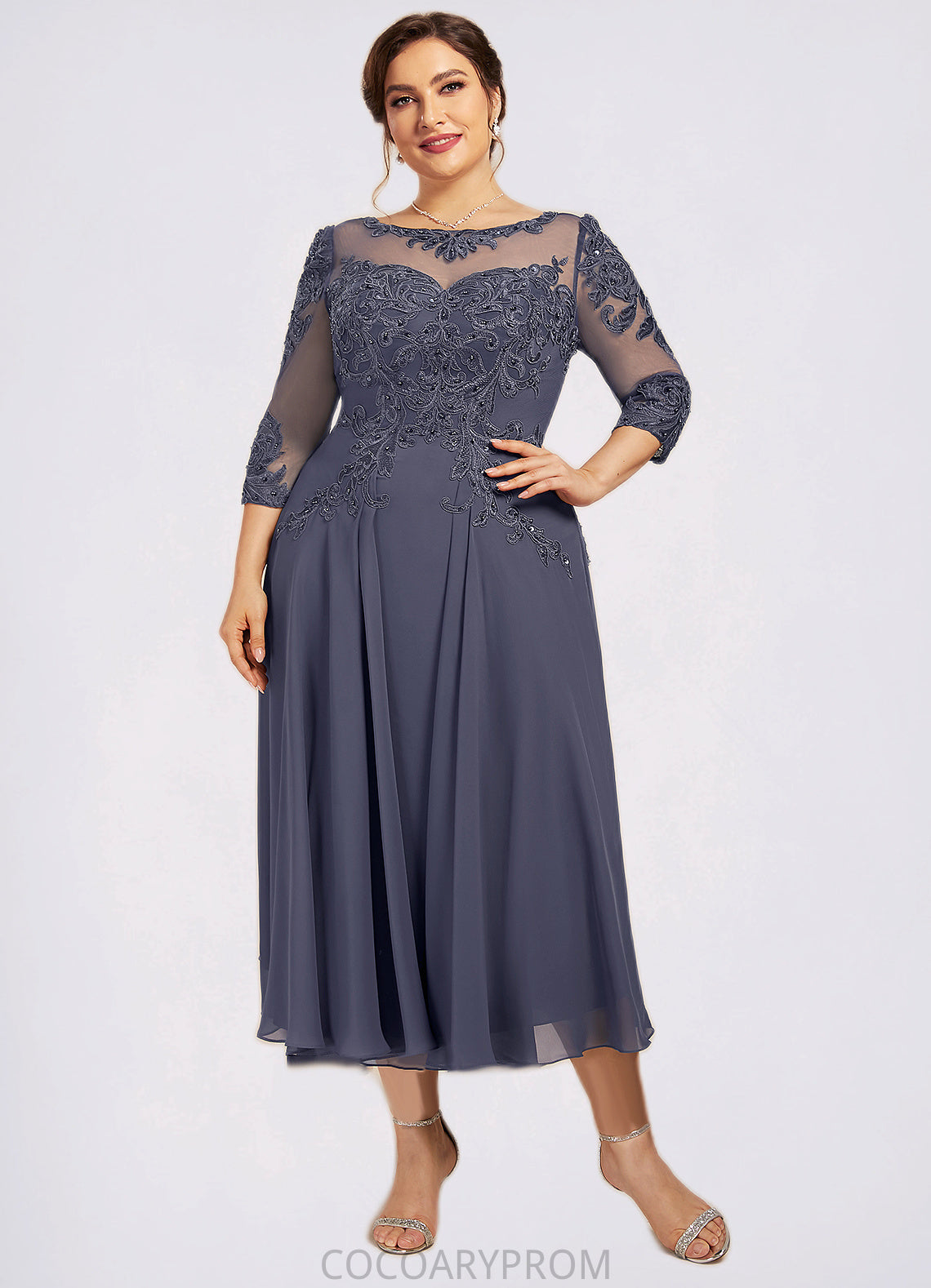 Paloma A-Line Scoop Neck Tea-Length Chiffon Lace Mother of the Bride Dress With Beading Sequins DA8126P0014535