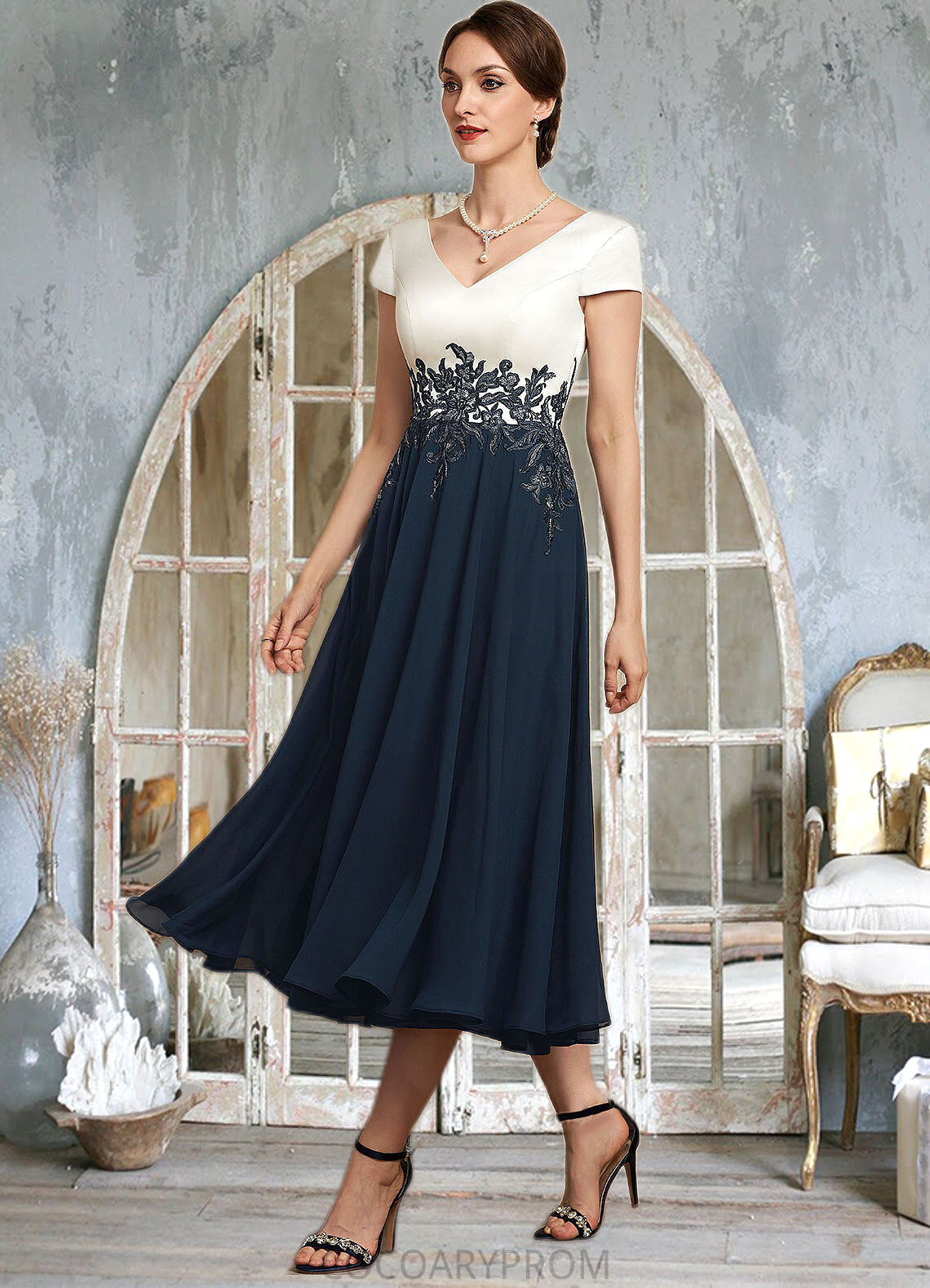 Kaylin A-Line V-neck Tea-Length Chiffon Lace Mother of the Bride Dress DA8126P0014539