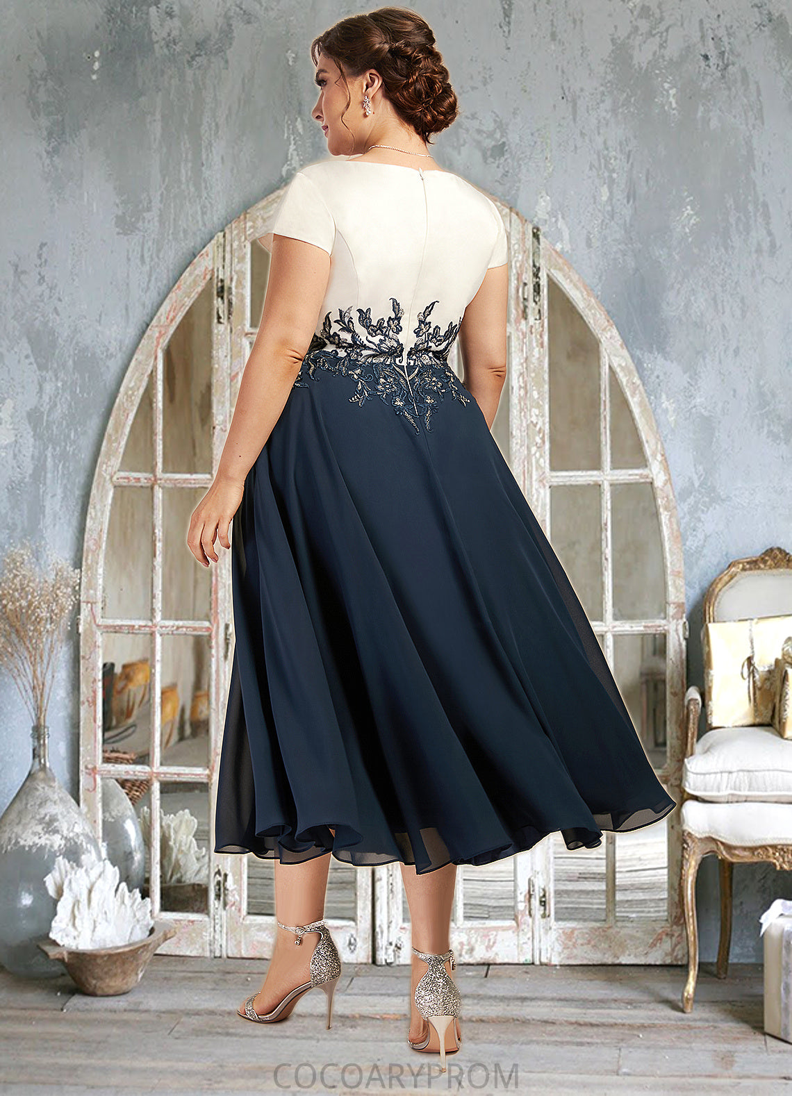 Kaylin A-Line V-neck Tea-Length Chiffon Lace Mother of the Bride Dress DA8126P0014539