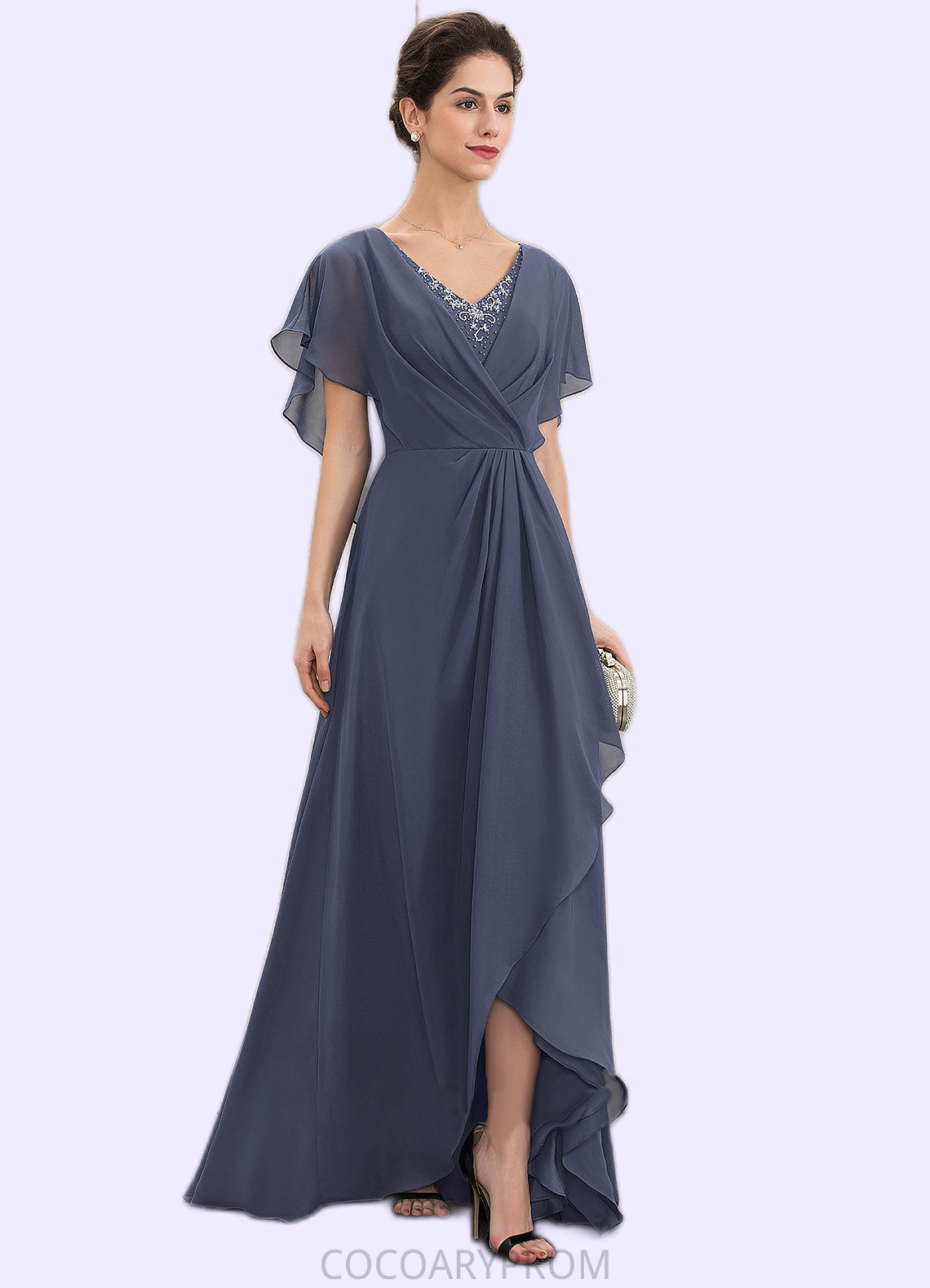 Vicky A-Line V-neck Asymmetrical Chiffon Mother of the Bride Dress With Beading Sequins DA8126P0014541