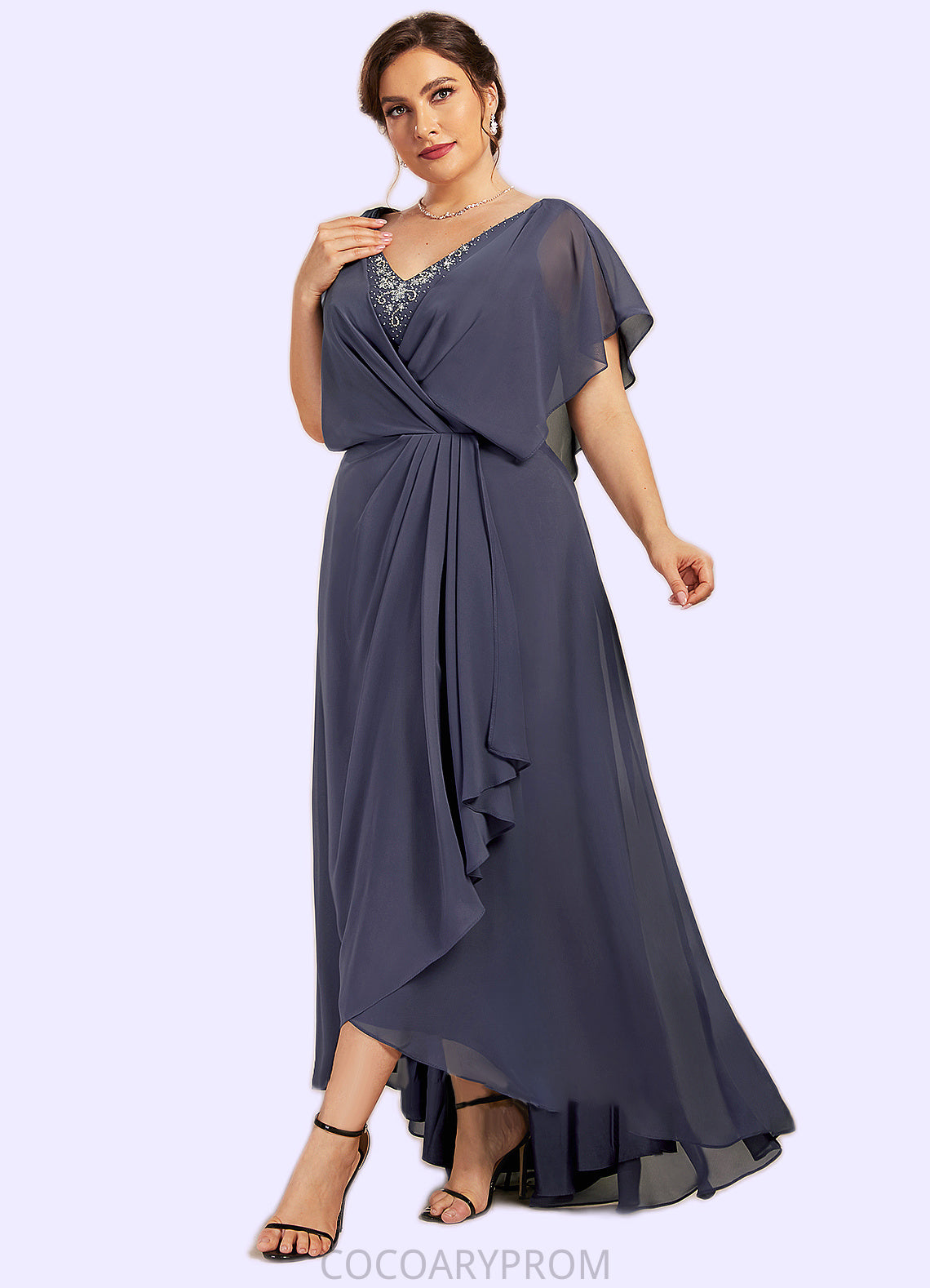 Vicky A-Line V-neck Asymmetrical Chiffon Mother of the Bride Dress With Beading Sequins DA8126P0014541