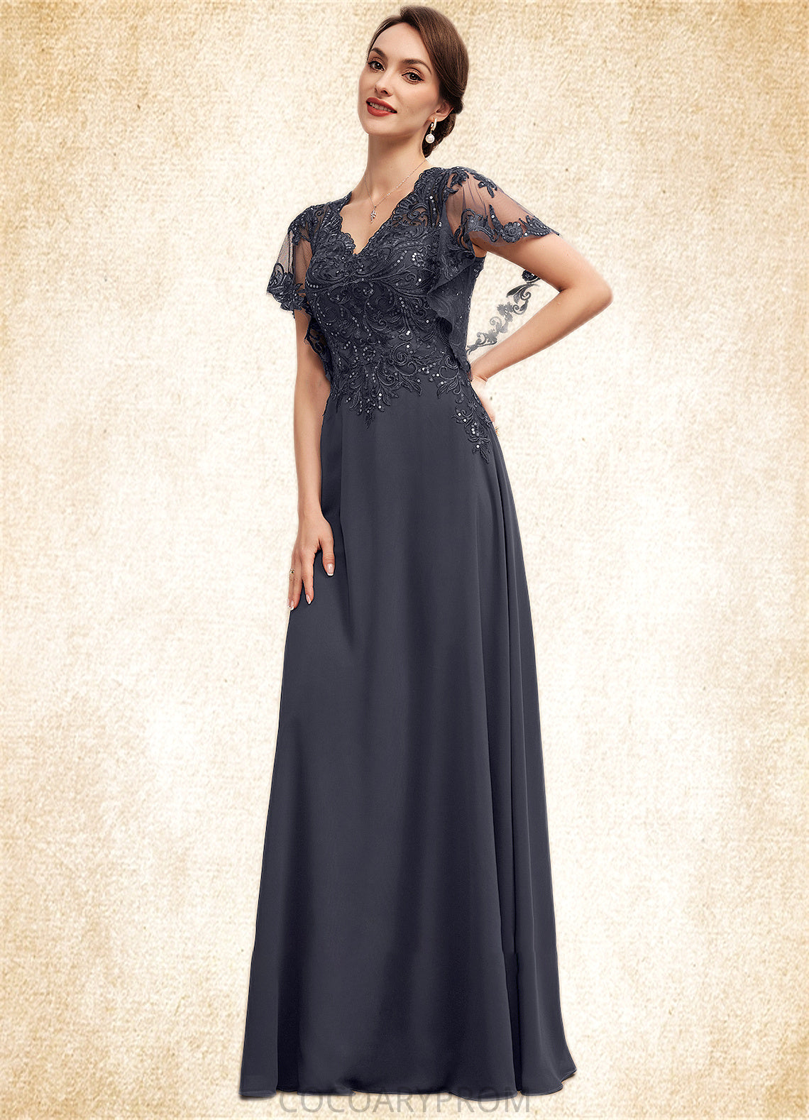 Sam A-line V-Neck Floor-Length Chiffon Lace Mother of the Bride Dress With Sequins DA8126P0014542