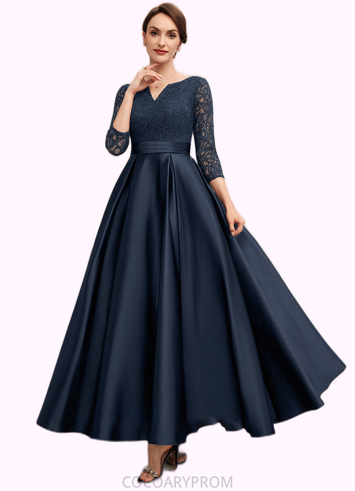 Aleena A-Line V-neck Ankle-Length Satin Lace Mother of the Bride Dress With Beading DA8126P0014545