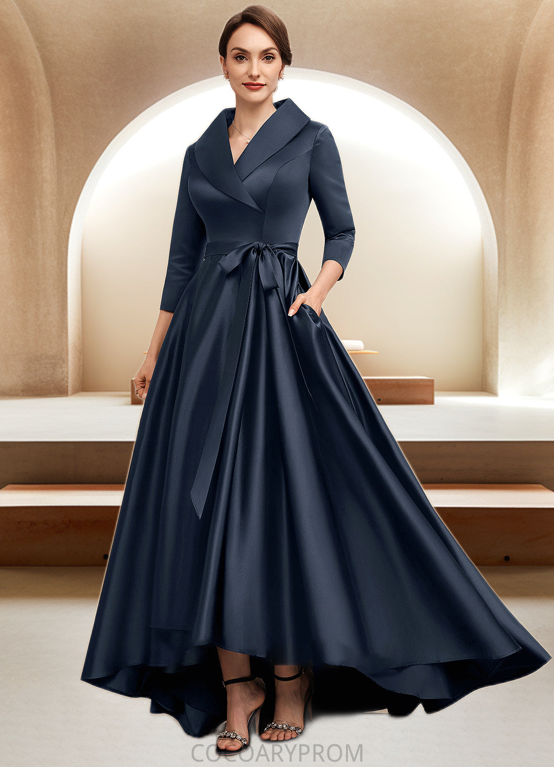 Maria A-Line V-neck Asymmetrical Satin Mother of the Bride Dress With Bow(s) Pockets DA8126P0014553