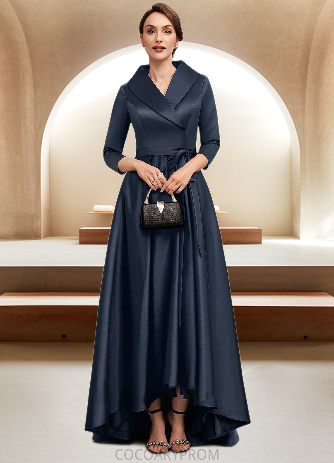 Maria A-Line V-neck Asymmetrical Satin Mother of the Bride Dress With Bow(s) Pockets DA8126P0014553