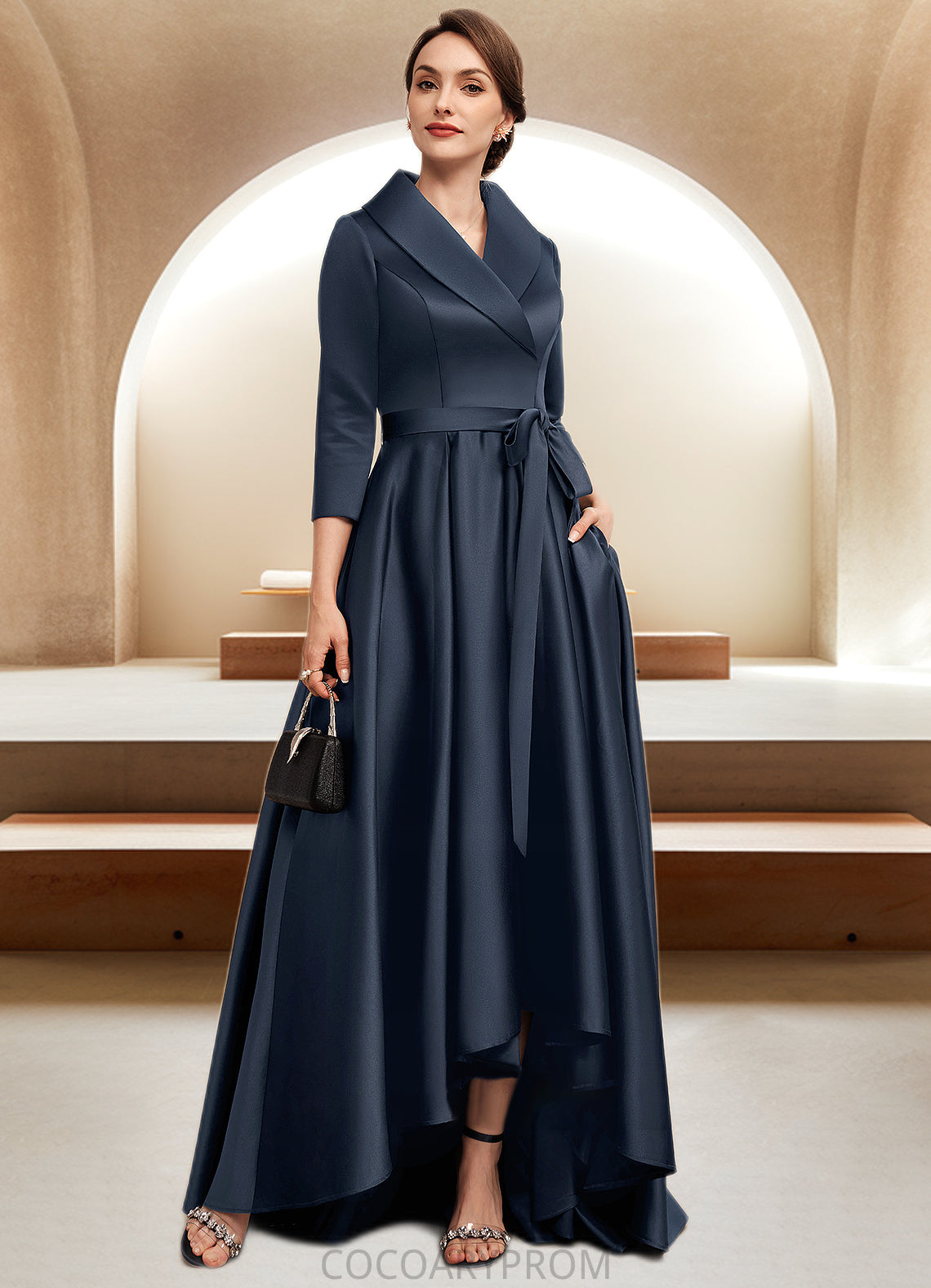 Maria A-Line V-neck Asymmetrical Satin Mother of the Bride Dress With Bow(s) Pockets DA8126P0014553