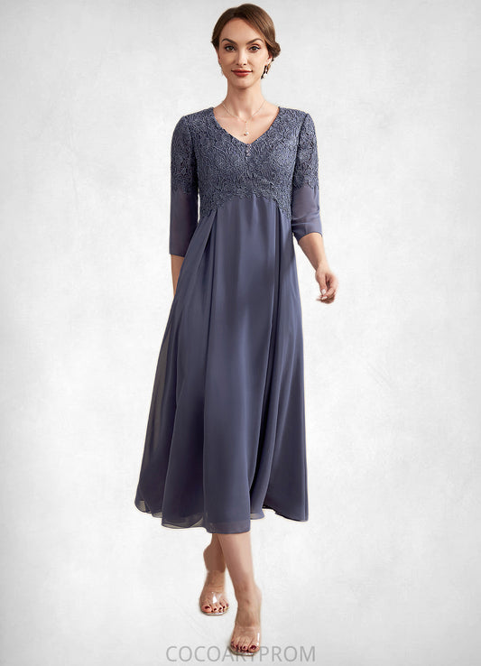 Penny A-line V-Neck Tea-Length Chiffon Lace Mother of the Bride Dress With Beading DA8126P0014554