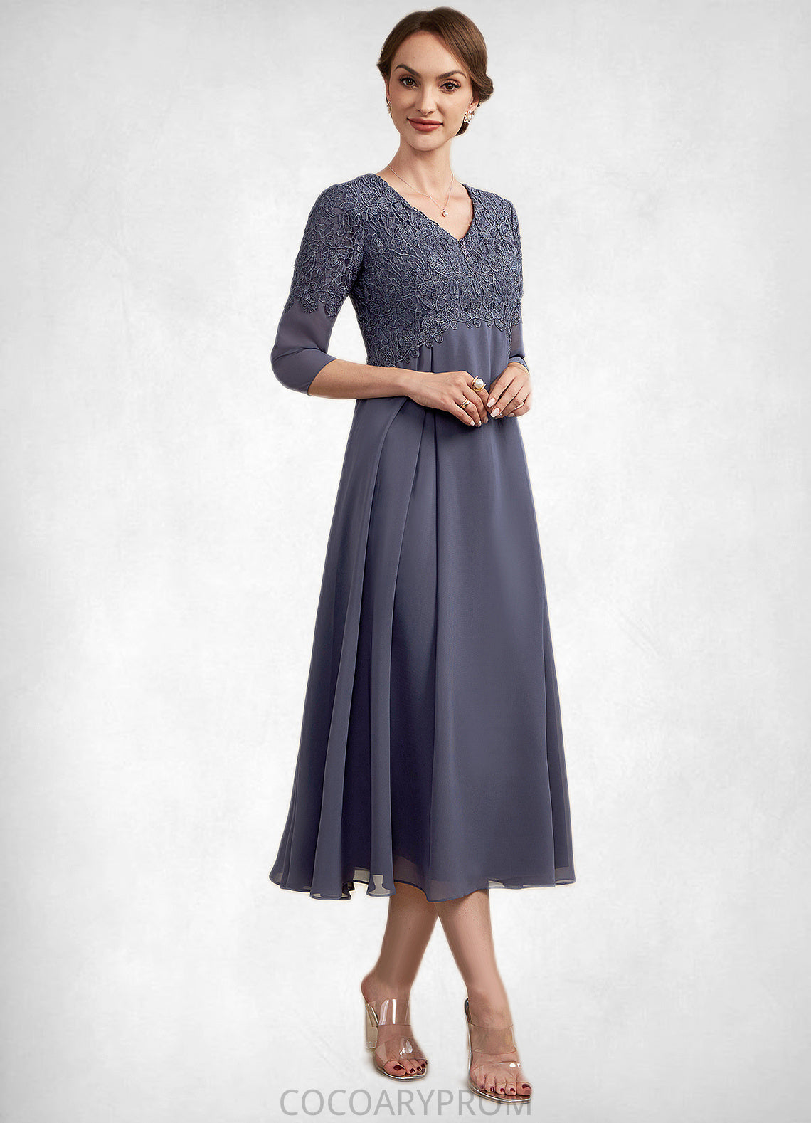 Penny A-line V-Neck Tea-Length Chiffon Lace Mother of the Bride Dress With Beading DA8126P0014554