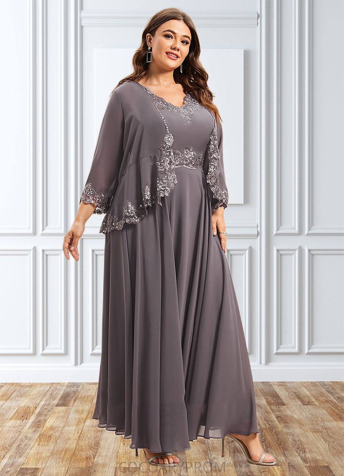 Kaylyn A-line V-Neck Ankle-Length Chiffon Mother of the Bride Dress With Beading Appliques Lace Sequins DA8126P0014558