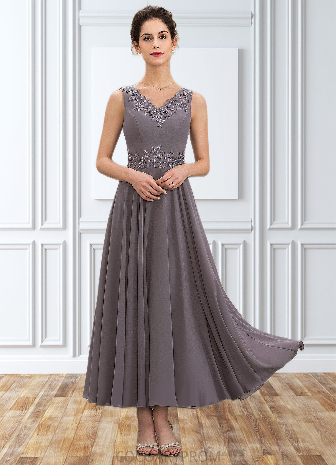 Kaylyn A-line V-Neck Ankle-Length Chiffon Mother of the Bride Dress With Beading Appliques Lace Sequins DA8126P0014558