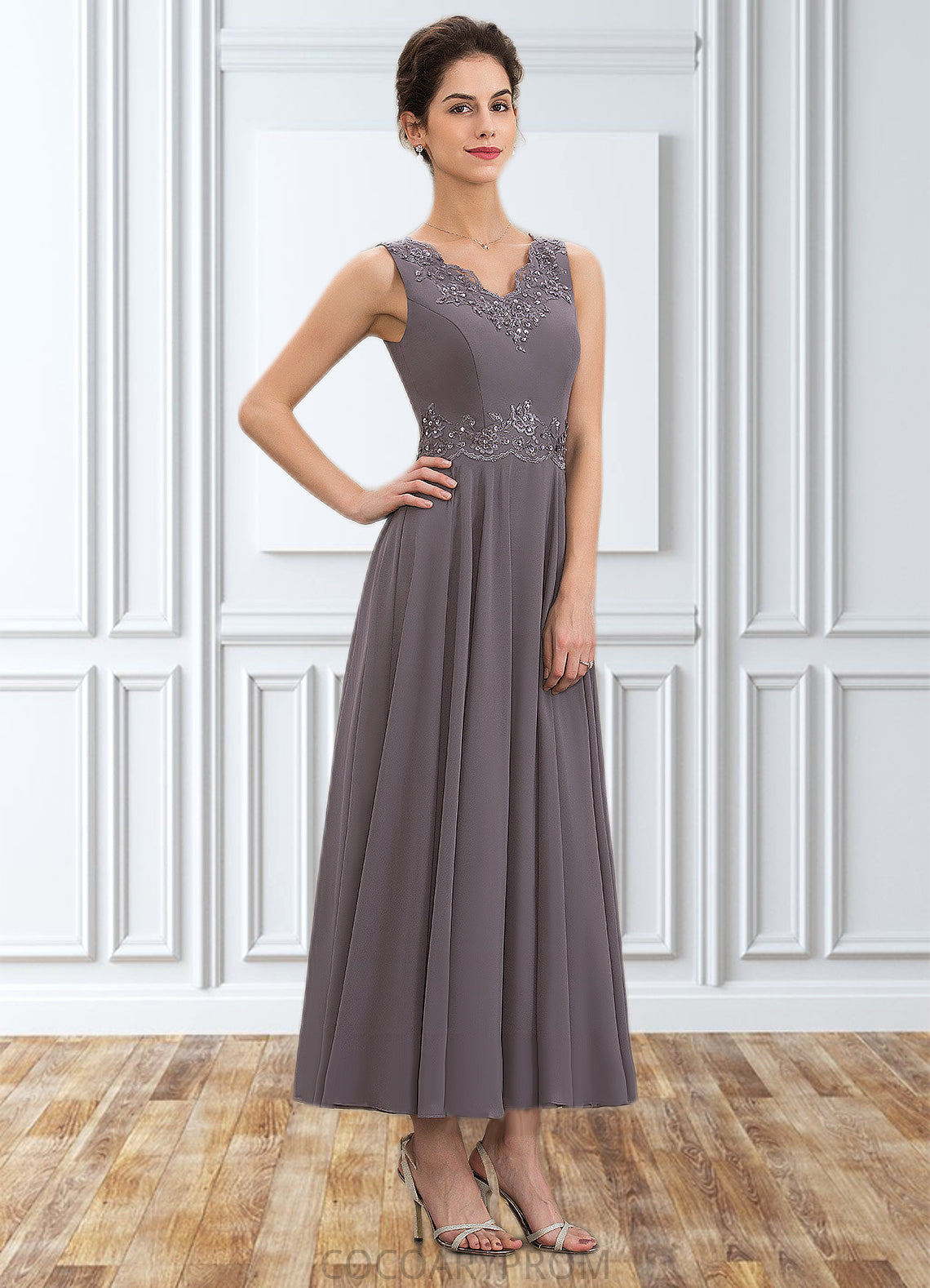 Kaylyn A-line V-Neck Ankle-Length Chiffon Mother of the Bride Dress With Beading Appliques Lace Sequins DA8126P0014558