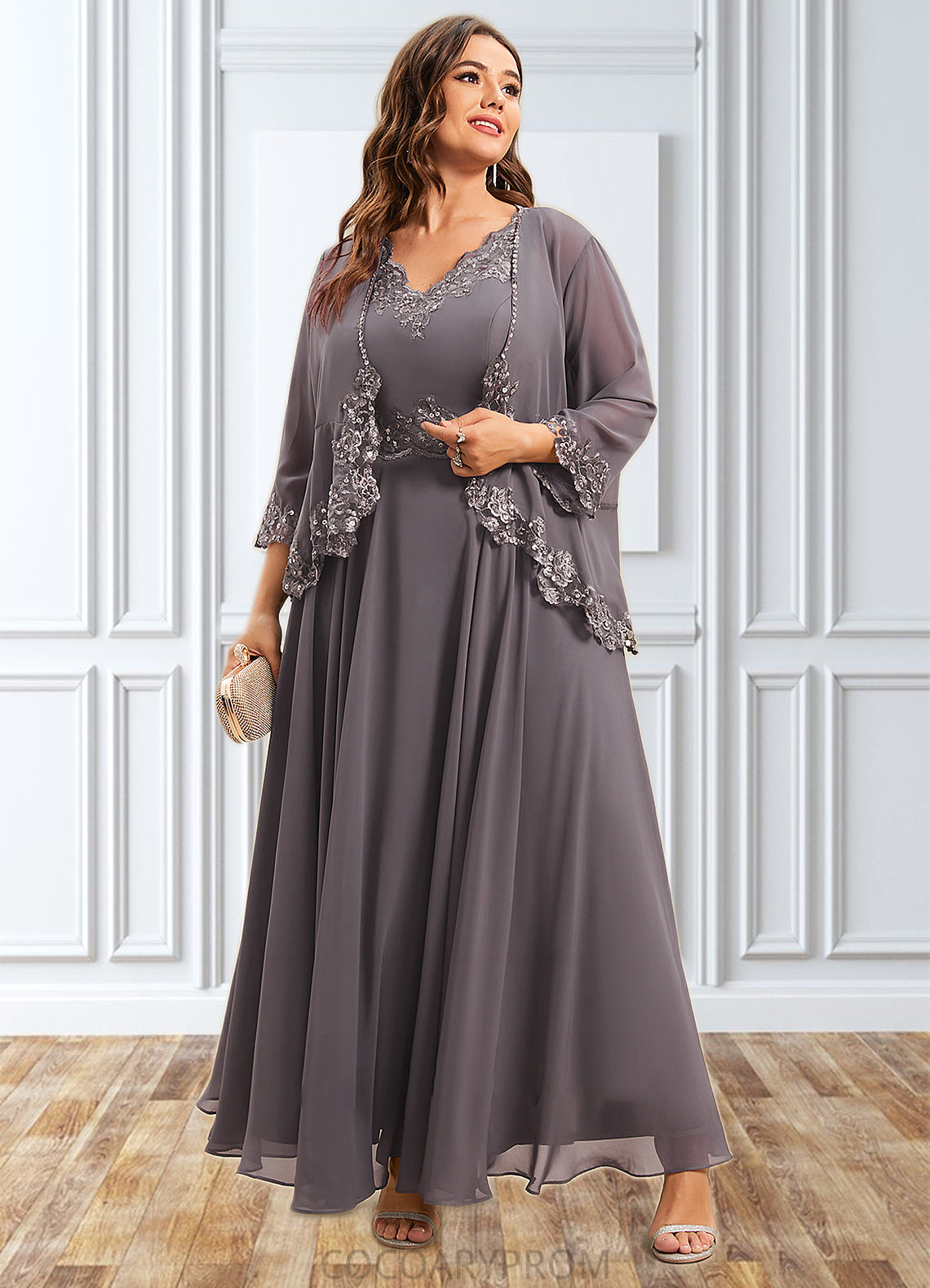 Kaylyn A-line V-Neck Ankle-Length Chiffon Mother of the Bride Dress With Beading Appliques Lace Sequins DA8126P0014558