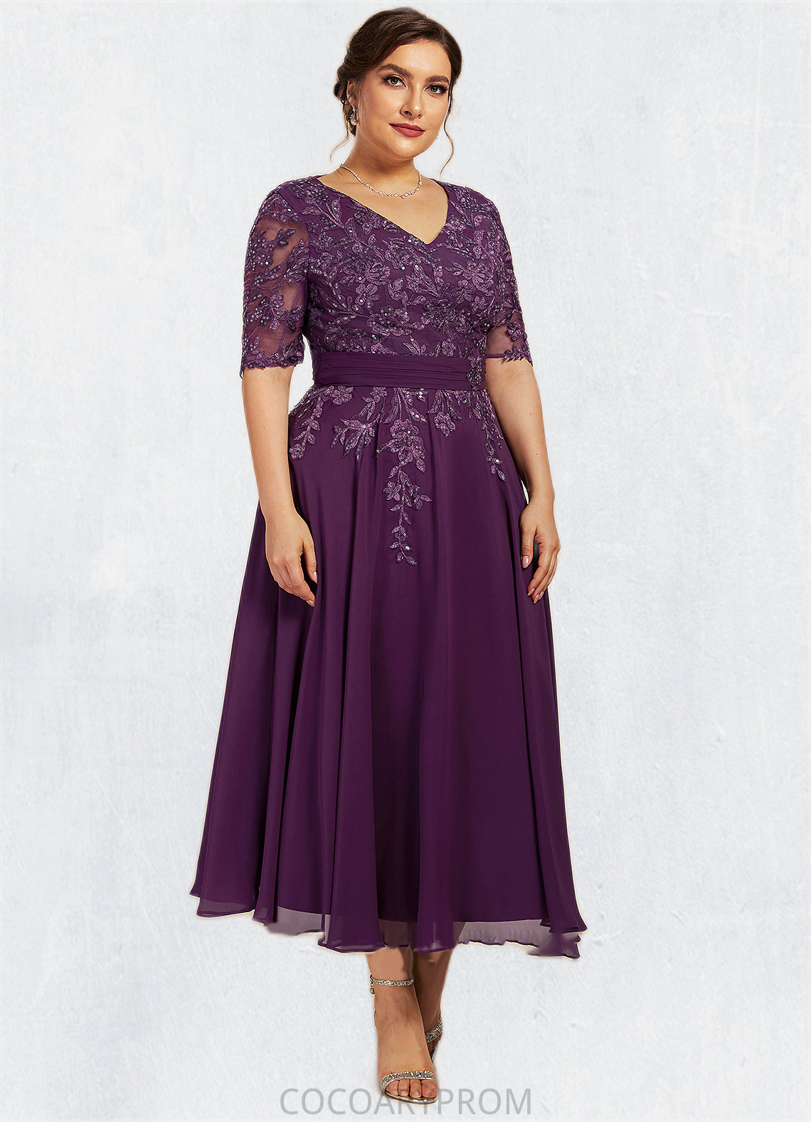 Natalya A-line V-Neck Tea-Length Chiffon Lace Mother of the Bride Dress With Sequins DA8126P0014561