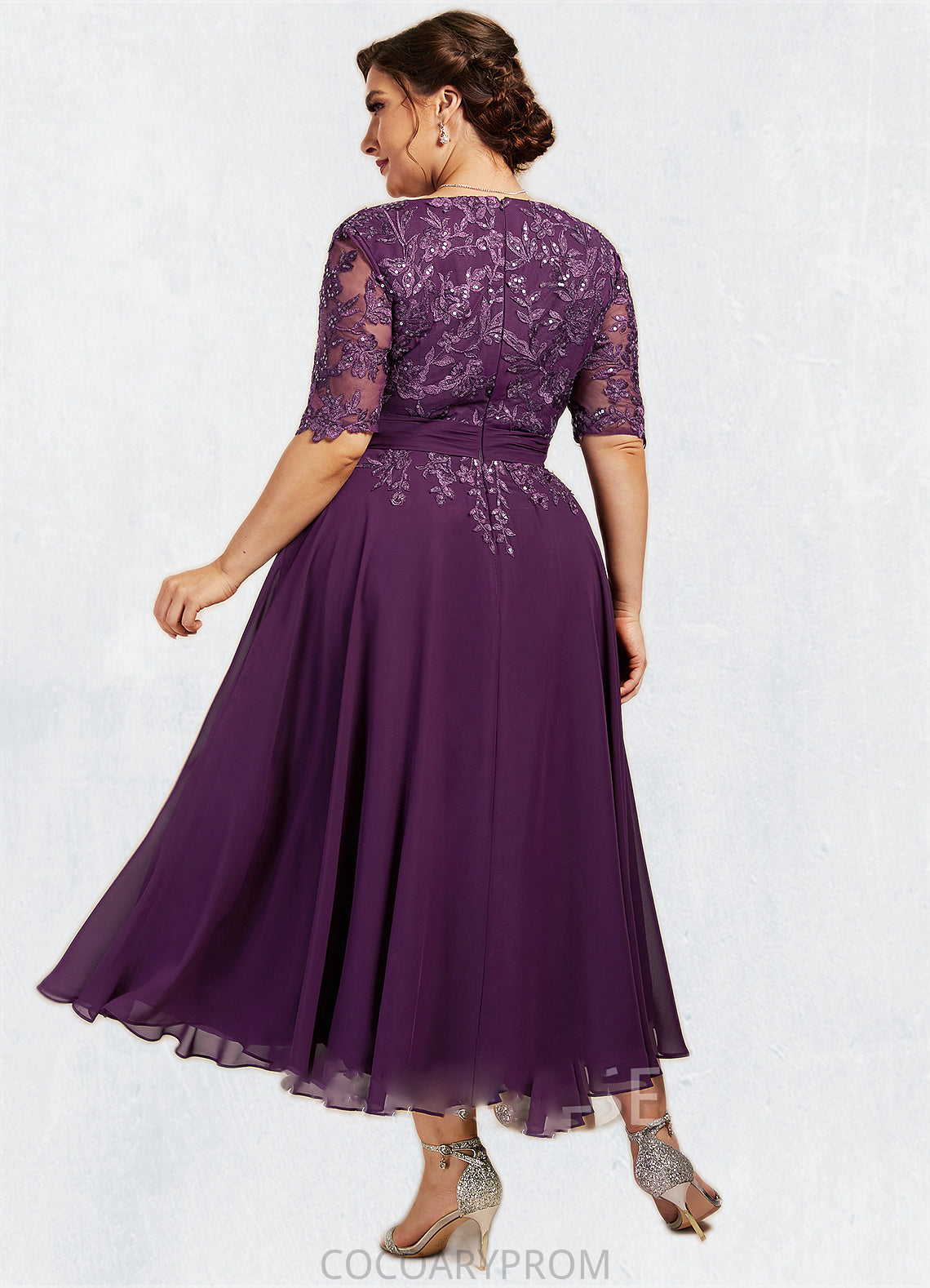 Natalya A-line V-Neck Tea-Length Chiffon Lace Mother of the Bride Dress With Sequins DA8126P0014561