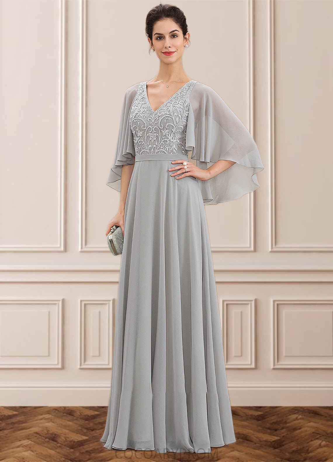 Amelia A-line V-Neck Floor-Length Chiffon Lace Mother of the Bride Dress With Beading Sequins DA8126P0014563