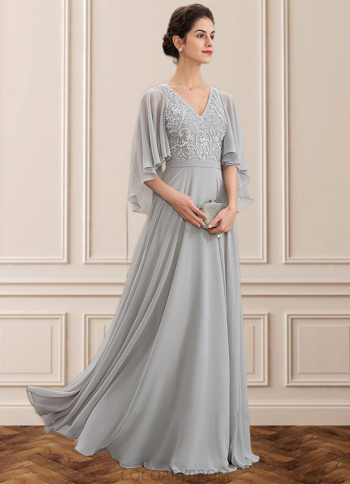 Amelia A-line V-Neck Floor-Length Chiffon Lace Mother of the Bride Dress With Beading Sequins DA8126P0014563