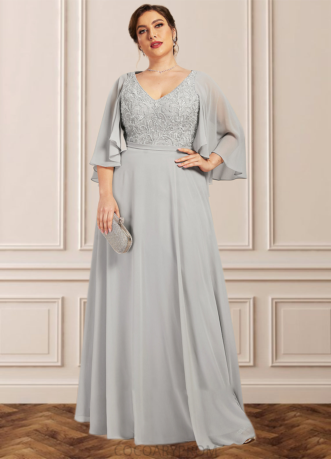 Amelia A-line V-Neck Floor-Length Chiffon Lace Mother of the Bride Dress With Beading Sequins DA8126P0014563