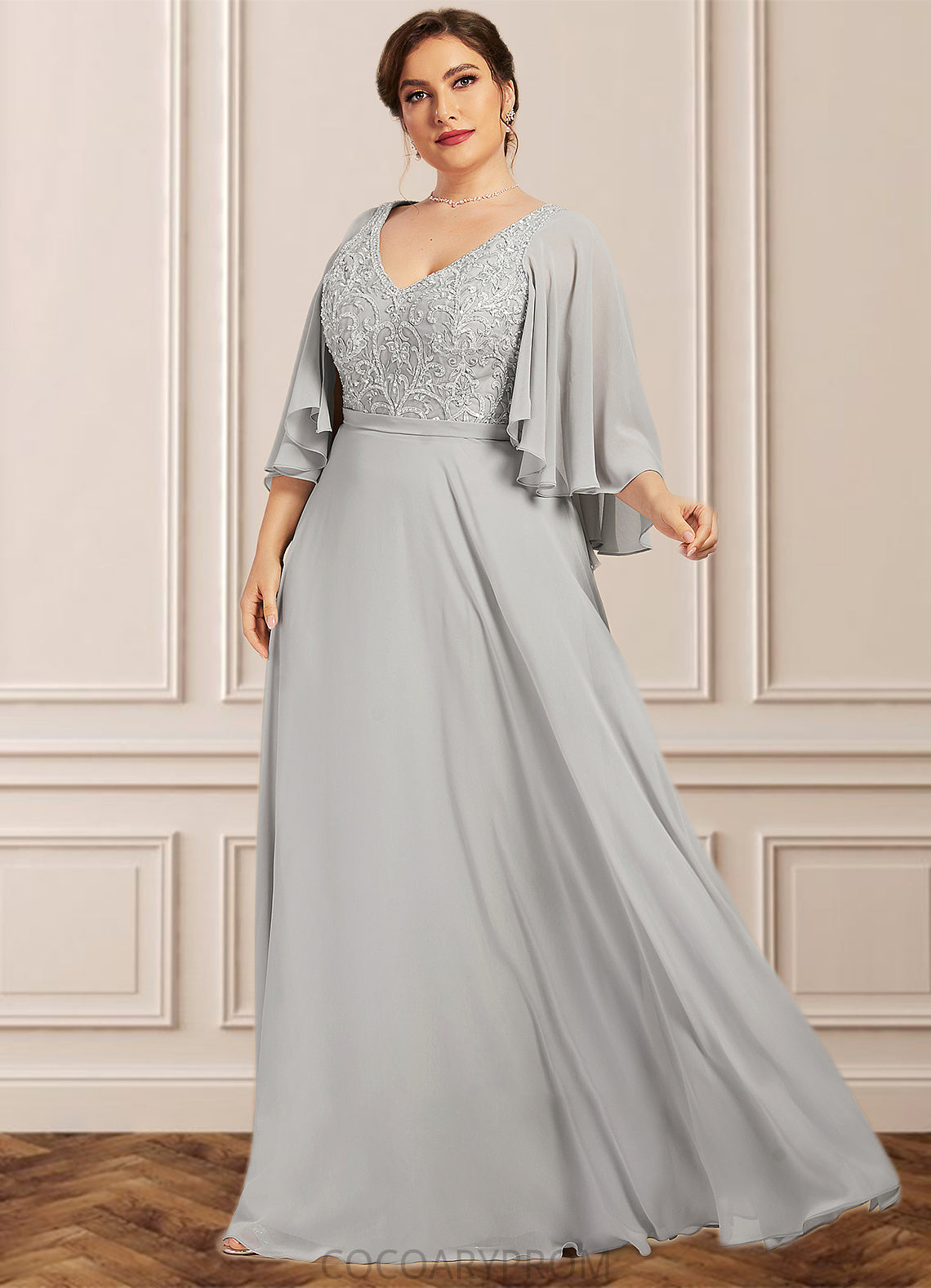 Amelia A-line V-Neck Floor-Length Chiffon Lace Mother of the Bride Dress With Beading Sequins DA8126P0014563