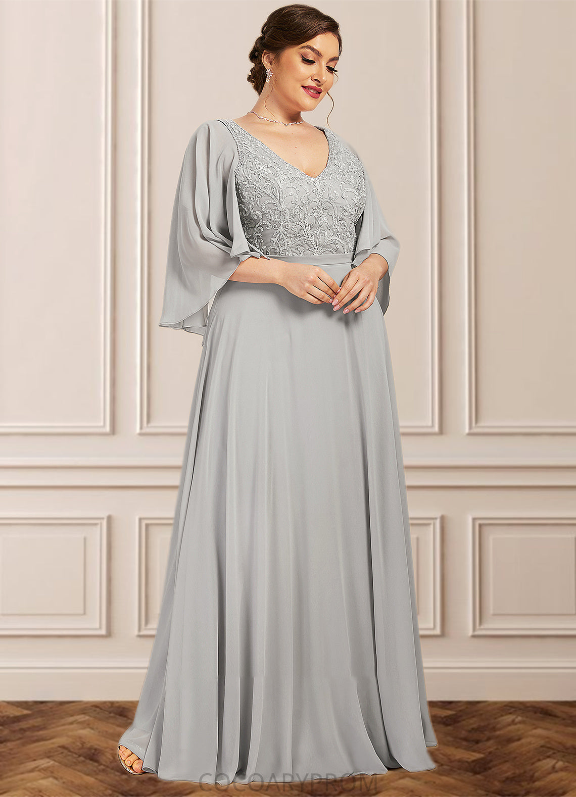 Amelia A-line V-Neck Floor-Length Chiffon Lace Mother of the Bride Dress With Beading Sequins DA8126P0014563