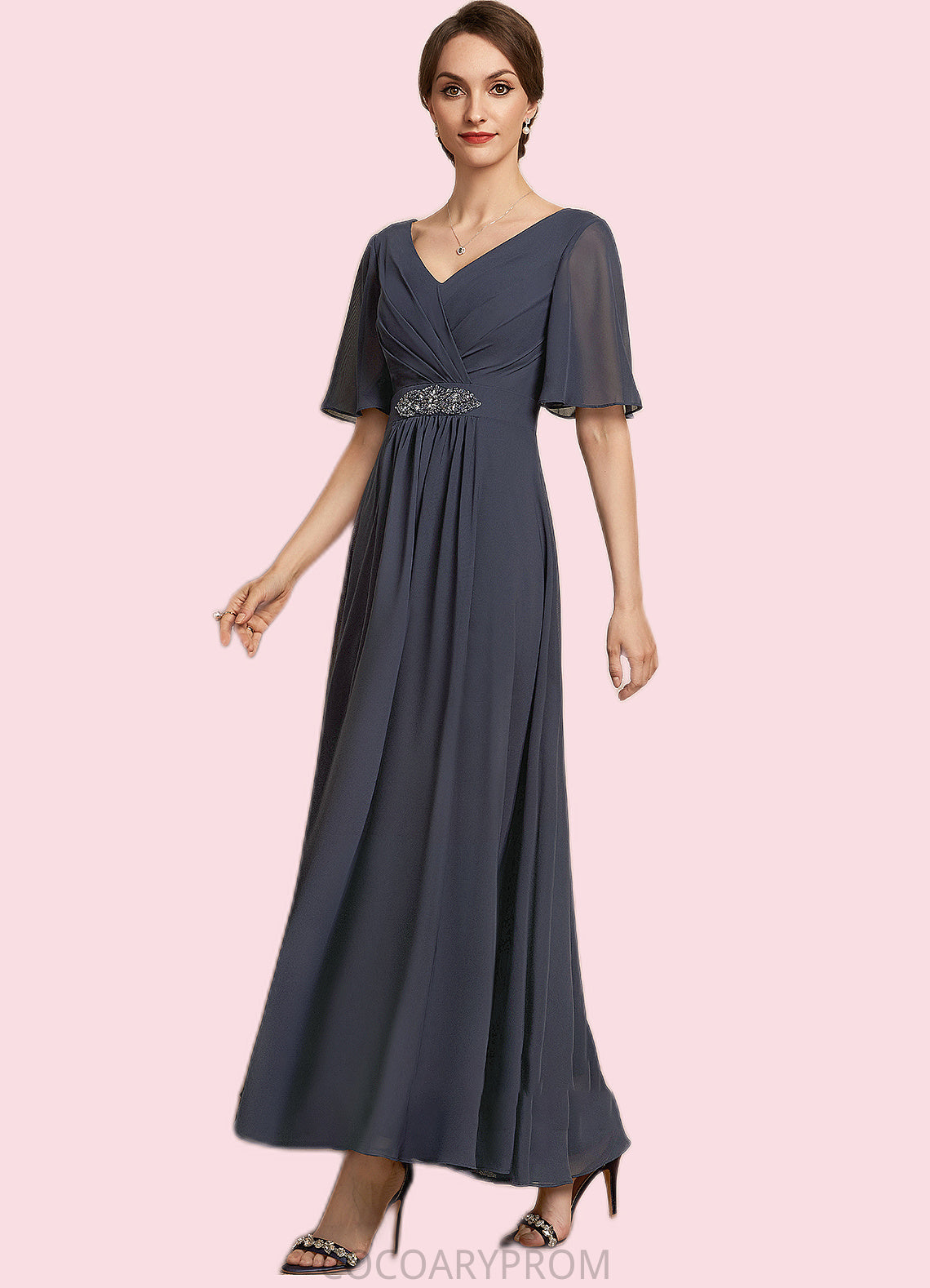 Autumn A-Line V-neck Ankle-Length Chiffon Mother of the Bride Dress With Ruffle Beading Sequins DA8126P0014564