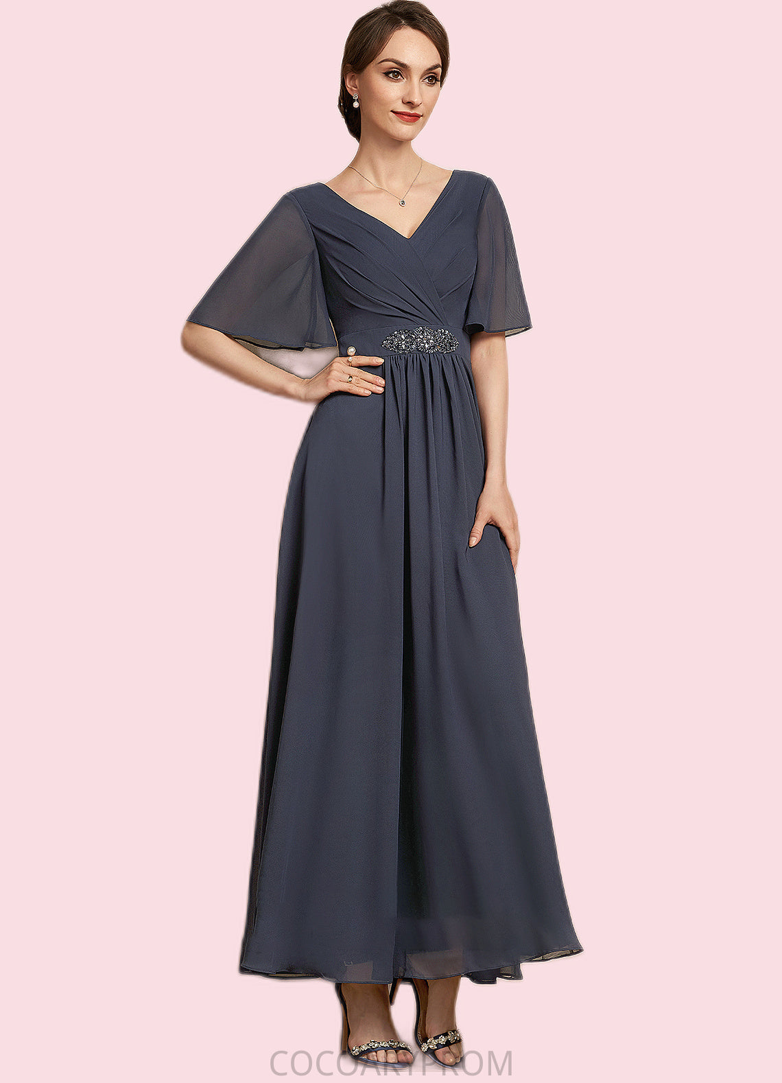 Autumn A-Line V-neck Ankle-Length Chiffon Mother of the Bride Dress With Ruffle Beading Sequins DA8126P0014564