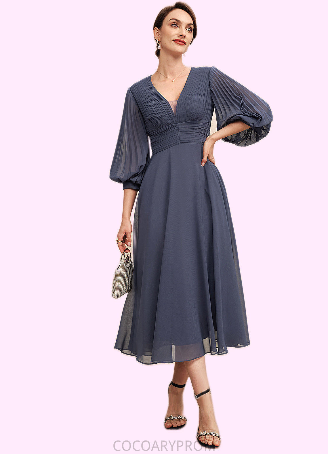 Blanche A-Line V-neck Tea-Length Chiffon Mother of the Bride Dress With Ruffle DA8126P0014566