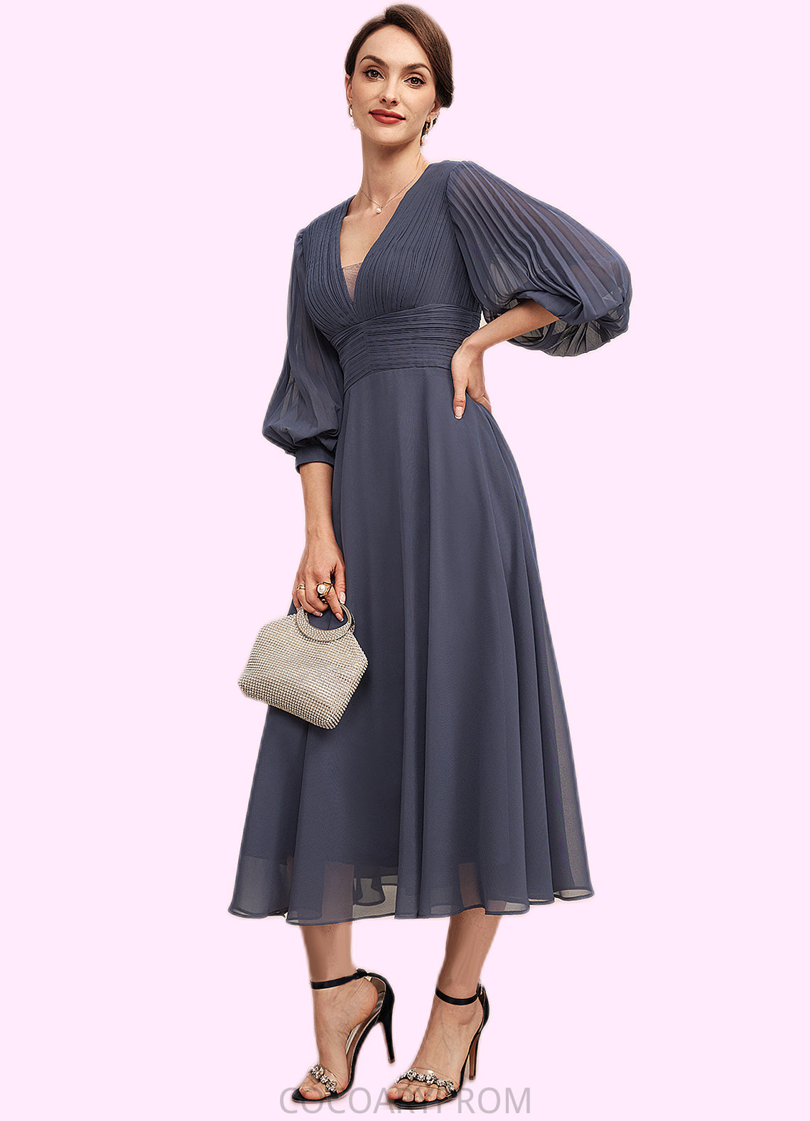 Blanche A-Line V-neck Tea-Length Chiffon Mother of the Bride Dress With Ruffle DA8126P0014566