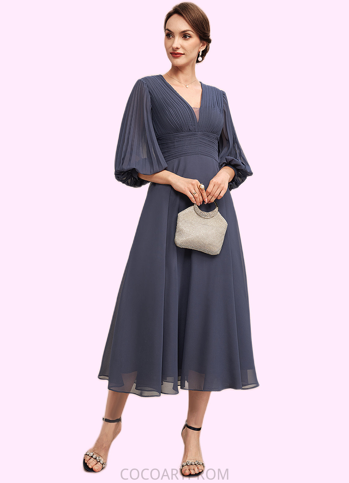 Blanche A-Line V-neck Tea-Length Chiffon Mother of the Bride Dress With Ruffle DA8126P0014566