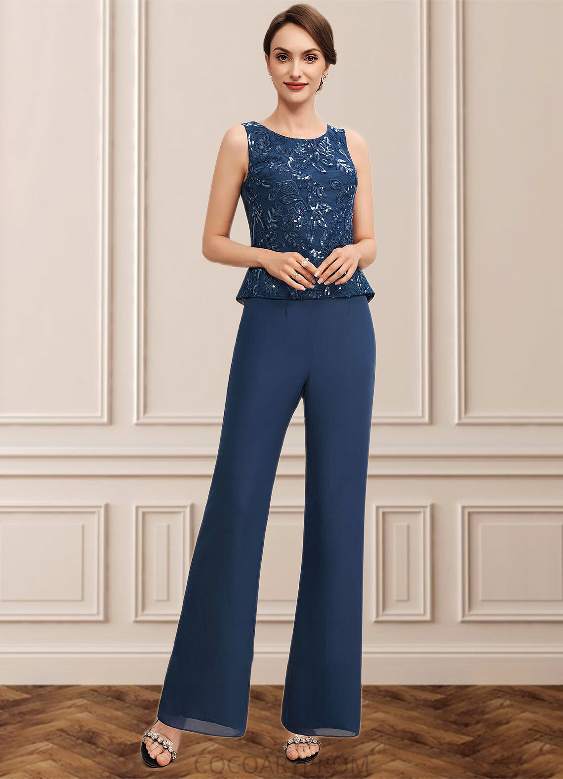 Anne Jumpsuit/Pantsuit Scoop Neck Floor-Length Chiffon Lace Mother of the Bride Dress With Sequins DA8126P0014567