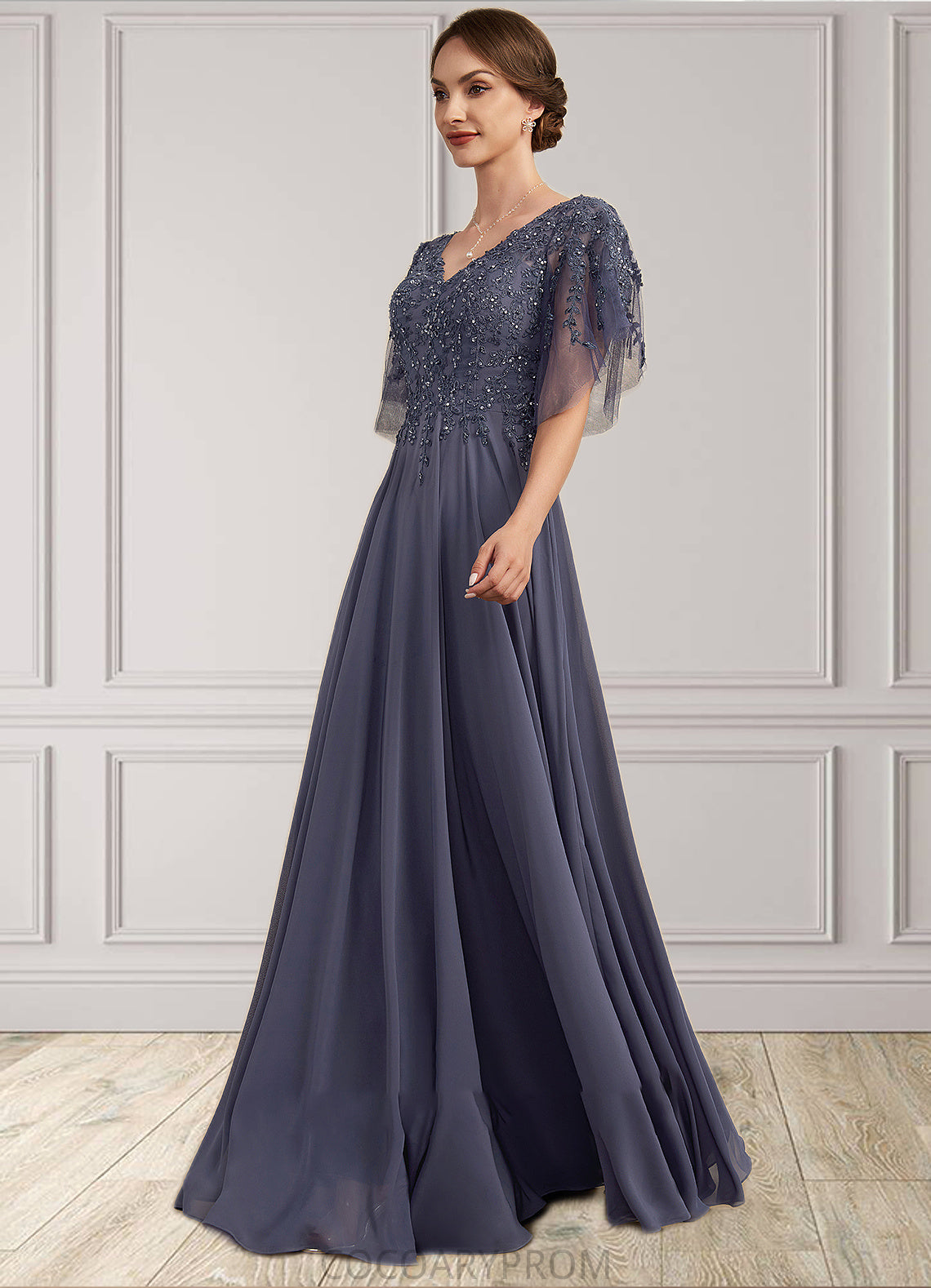 Jaidyn A-line V-Neck Floor-Length Chiffon Lace Mother of the Bride Dress With Beading Sequins DA8126P0014571