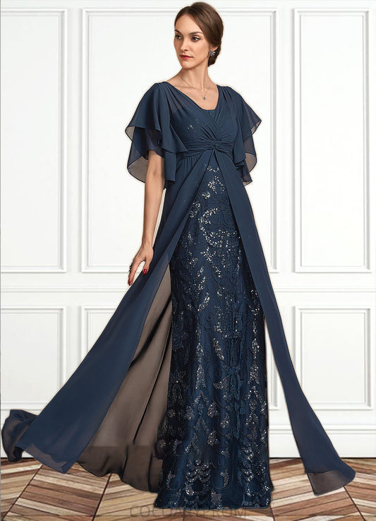 Whitney Sheath/Column V-neck Floor-Length Chiffon Lace Mother of the Bride Dress With Ruffle Sequins DA8126P0014573