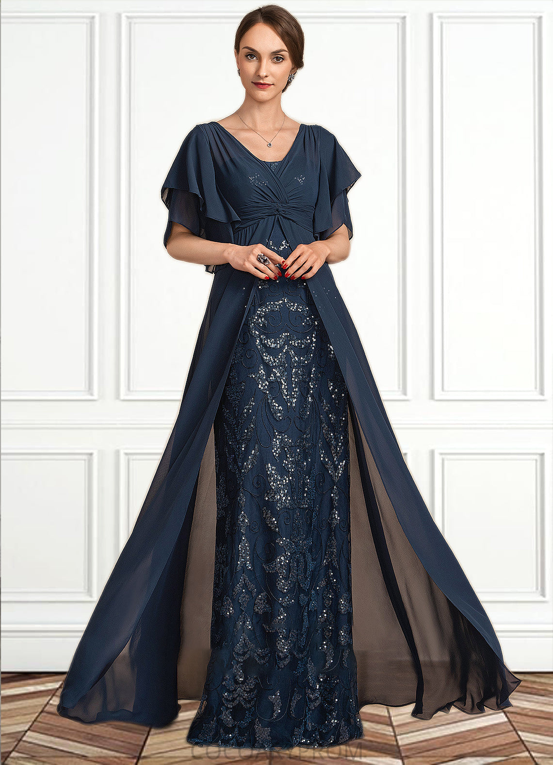 Whitney Sheath/Column V-neck Floor-Length Chiffon Lace Mother of the Bride Dress With Ruffle Sequins DA8126P0014573