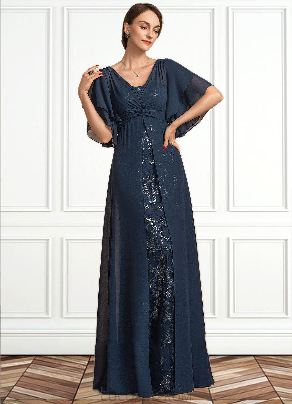 Whitney Sheath/Column V-neck Floor-Length Chiffon Lace Mother of the Bride Dress With Ruffle Sequins DA8126P0014573