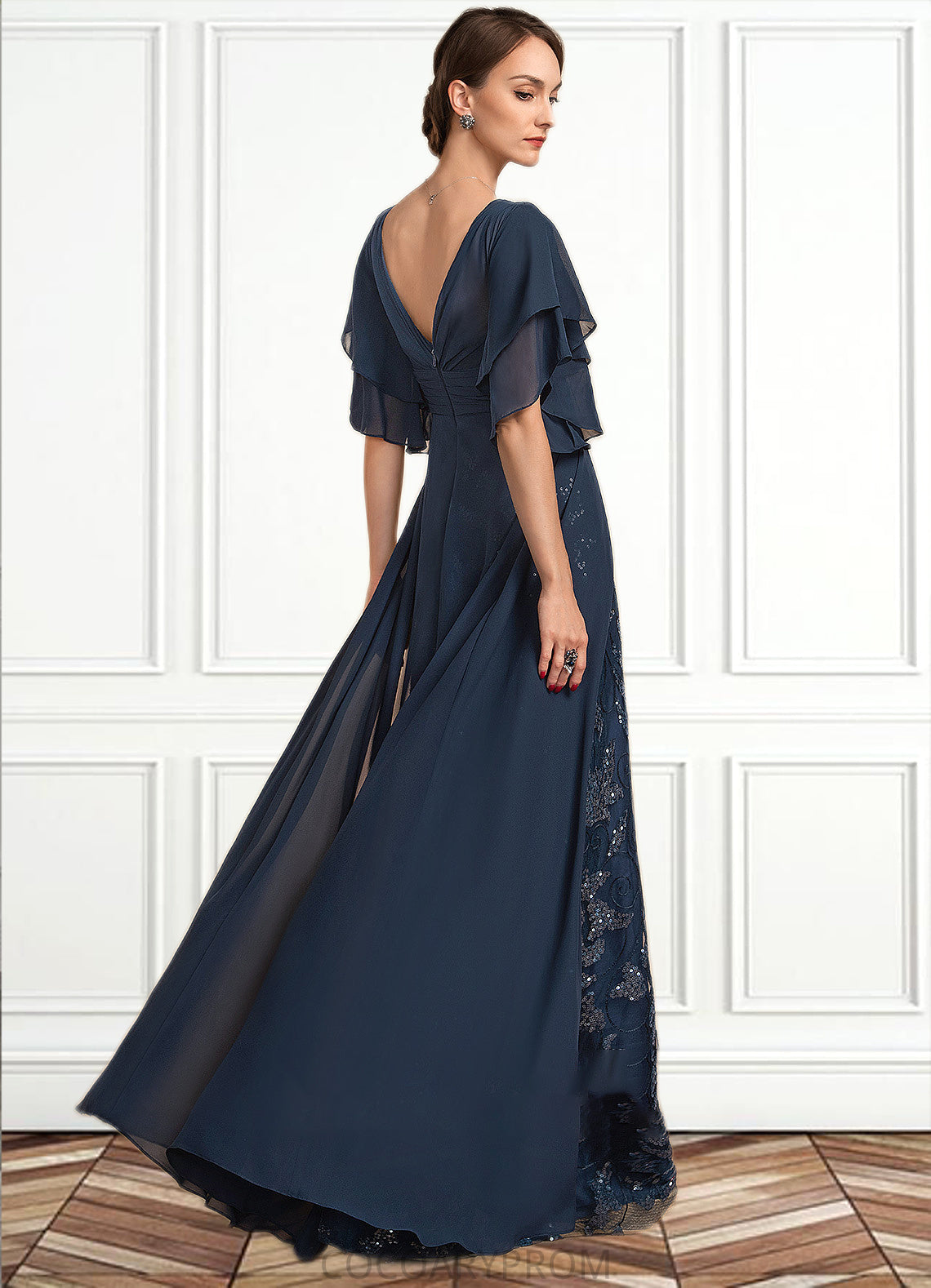 Whitney Sheath/Column V-neck Floor-Length Chiffon Lace Mother of the Bride Dress With Ruffle Sequins DA8126P0014573